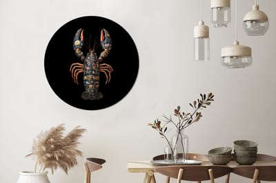 WallCircle - Wandcirkel - Muurcirkel - Kreeft - Zwart - Bloemenpatroon - Artistiek - Aluminium - Dibond - 90x90 cm - Binnen en Buiten