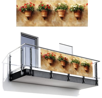 Balkonscherm 300x110 cm - Balkonposter Bloempotten - Muur - Vintage - Balkon scherm decoratie - Balkonschermen - Balkondoek zonnescherm
