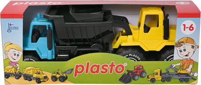 Plasto Kiepwagen en Bulldozer Geel/Blauw 30 cm - Speelgoedvoertuig - Set van 2x 30 cm - Kiepwagen en Bulldozer - Bouwvoertuigen - BPA-vrij - Gemaakt in Finland - Vanaf 1 Jaar