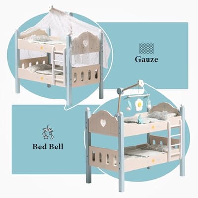 Poppenbed Stapelbed - Poppenmeubels Accessoires - Fantasierijk Spel - Natuurlijk Houten Constructie - 50 x 32 x 57 cm - Blauw