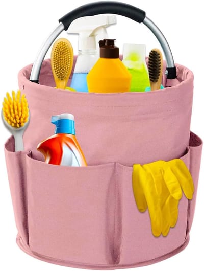 Vouwbare Waterdichte Schoonmaakmand met Handvat en 6 Compartimenten voor Tuin, Badkamer en Huishouden, Roze