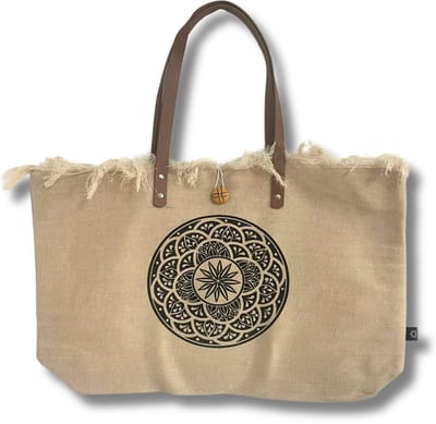 Natuurlijke Tote Bag met Leren Handvat - Mandala - Draagtas - Grote Schoudertas - Katoenen Tas - 54x34x24cm