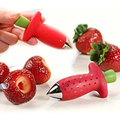 Aardbeienontsteelapparaat van Roestvrij Staal met Ergonomisch Rood Handvat - Verwijdert Gemakkelijk de Kroontjes, Duurzaam Keukengereedschap, Voedsel - Handmatig Fruitbehandelingsgadget rood