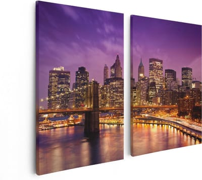 Artaza Canvas Schilderij Tweeluik Skyline New York Van Centrum In Het Paars - 80x60 - Foto Op Canvas - Canvas Print