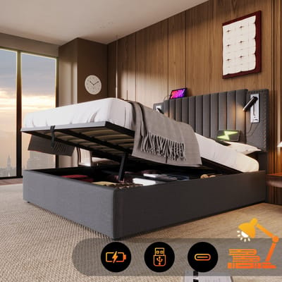 VVBV Gestoffeerd Opbergbed 180x200 cm - USB-C Laadstation, Opbergruimte, Lattenbodem, Leeslamp - Katoen Grijs Zonder Matras