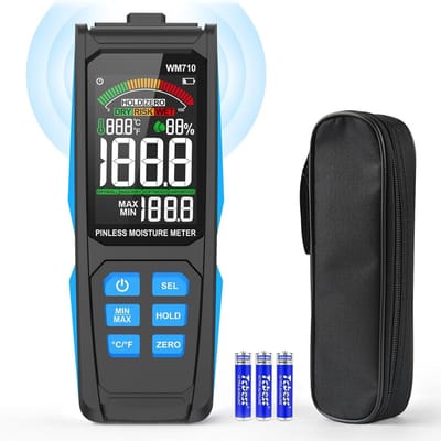 RUX® Vochtmeter Muren - Vochtmeter - Vochtmeter Hout Met Opbergzakje - Vochtmeters Inclusief Temperatuurmeter - Accuraat – Pleisterwerken - Inclusief Batterijen - Zwart - ‎21cm x 9cm x 5cm