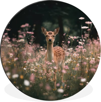 WallCircle - Wandcirkel - Muurcirkel - Hert - Wilde bloemen - Bos - Aluminium - Dibond - 30x30 cm - Binnen en Buiten
