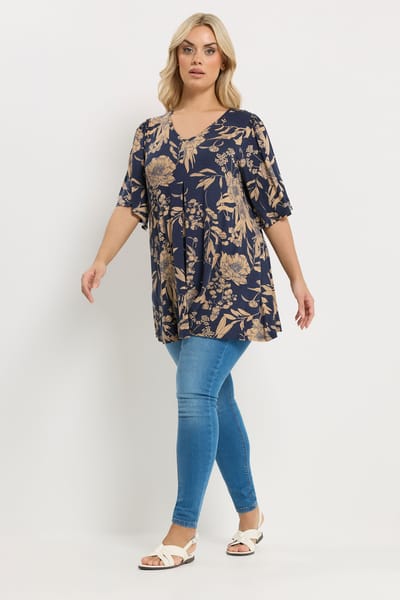 Yours Zwarte Geplooide Top Met Bloemenprint Aan De Voorkant Size 44