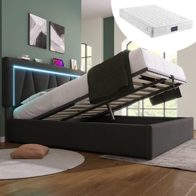 MEUNIQ tweepersoons opbergbed 140x200 met LED-verlichting, USB en Type-C, verstelbaar hoofdbord, lattenbodem en stoffen bekleding voor de slaapkamer, grijs