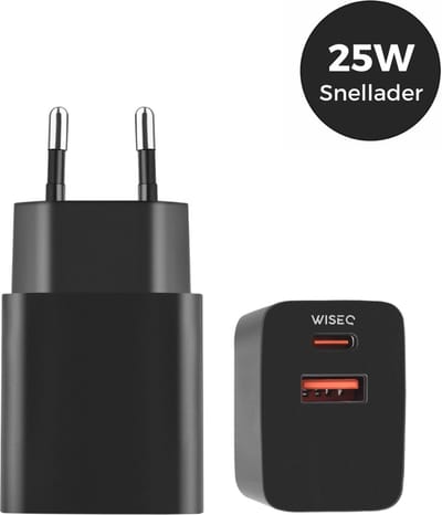 USB C snellader 25W – 2 poorten oplader – adapter universeel – geschikt voor Samsung, Huawei en iPhone – zwart – WiseQ