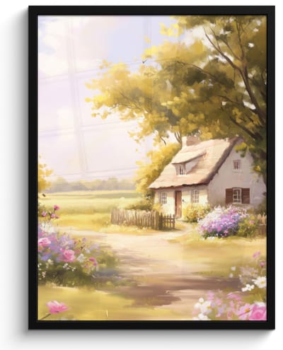 Poster in lijst - Fotolijst 50x70 cm - Posters - Huisje - Hout - Bloemen - Posterlijst zwart - Decoratie - Wanddecoratie woonkamer - Muurdecoratie slaapkamer