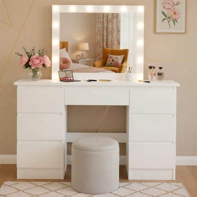 CLP Duffy Kaptafel met spiegel en verlichting - make up tafel - LED-licht dimbaar - 3 lichtkleuren - met 9 lades - wit