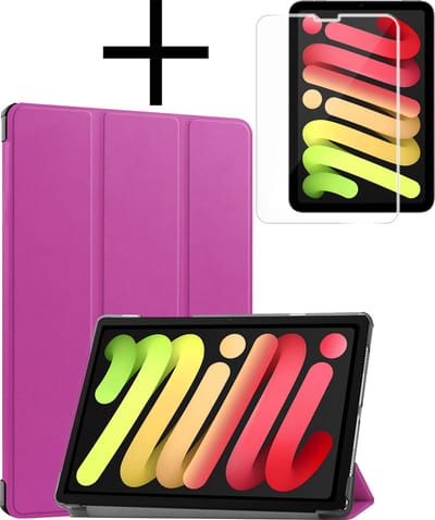 Hoes - Geschikt voor Apple iPad Mini 7 (2024) - 8.3 inch - 7e Generatie - Met Screenprotector - Trifold Bookcase - Hard Cover - Hardcover Book Case - Tablet Hoesje - Paars