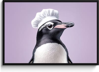 Fotolijst inclusief poster - Posterlijst 120x80 cm - Posters - Pinguïn - Koksmuts - Lief - Paars - Foto in lijst - Keuken decoratie muur - Wanddecoratie accessoires - Muurdecoratie - Schilderijen