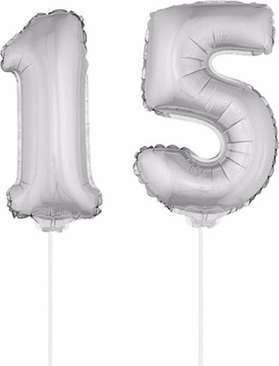 15 jaar leeftijd feestartikelen - versiering cijfers - ballonnen op stokje - van 41 cm - Combi van cijfer 15 - in het zilver