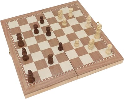 Houten Schaakset - Dames en schaak - Educatief spel - 3-in-1 ontwerp - 30 x 5 cm - Natuurlijk hout