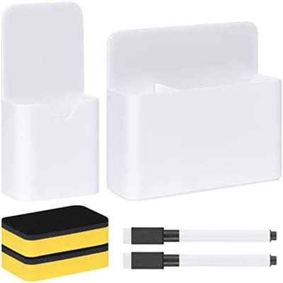 PromoHome Magnetische Whiteboard Pennenhouder Set - 2 Stuks Sterke Magnetische Bekerhouders met 2 Whiteboard Markers en 2 Bordgummen voor Kantoor, School en Thuisgebruik - Wit