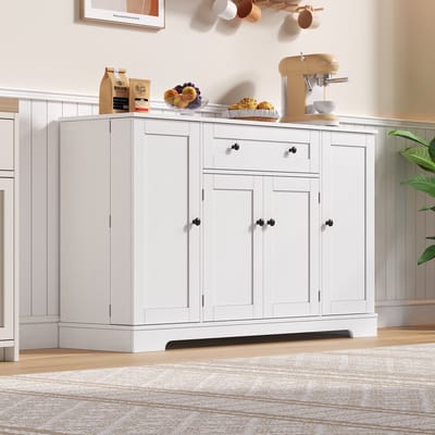 REDOM 138 cm Keukenbuffet Wit MDF – Sideboard met Lade, Dubbele Deur, Verstelbare Planken & Kantelbeveiliging