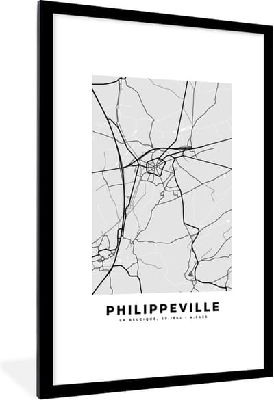 Fotolijst incl. Poster Zwart Wit- Kaart – Plattegrond – Stadskaart – Philippeville – België – Zwart Wit - 80x120 cm - Posterlijst