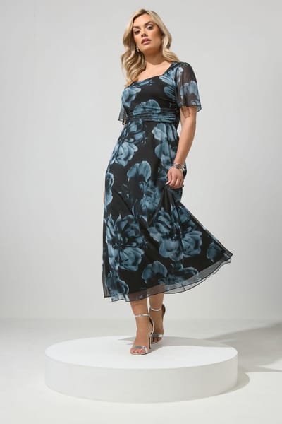 Yours London Zwarte Maxijurk Met Bloemen En Vierkante Hals Size 38