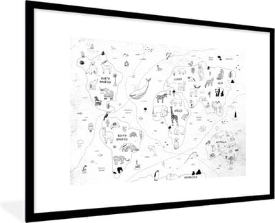 Wereldkaart - Kinderen - Wit - Zwart - Schoolplaat - Kinderkamer - 90x60 cm