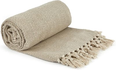 Famanu – Katoenen stoel- en bankdeken - patroon - naturel kleur - geschikt voor bed - bank of stoel - comfortabel en decoratief