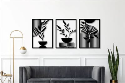 Houten Geometrische Muurdecoratie met Planten Design – 3-Luik Wanddecoratie MDF – Moderne Zwarte Wanddecoratie voor Woonkamer, Slaapkamer of Hal