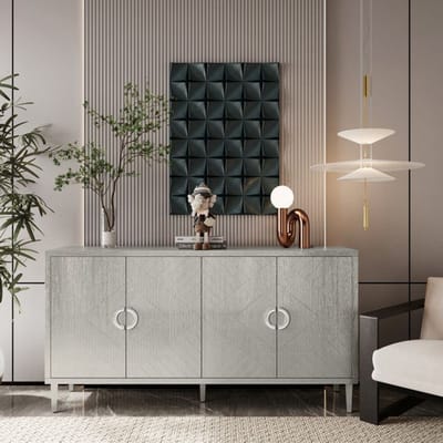 Armoire de rangement - MUVOE - 4 portes - MDF et pin - Couleur champagne - 152 cm de haut couleur champagne