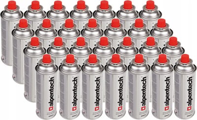 Alpen Camping - Set van 28 stuks - Gaspatroon 220g / 380ml | Certificaat: Pi 0875 | Voldoet aan EN521- butaan, werkgebied -10°c tot + 40°c, IK300