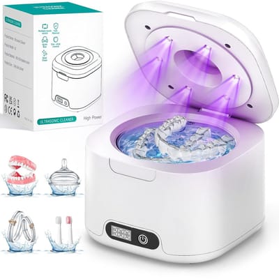 Ultrasoon Reiniger-Ultrasone reiniger voor beugels met UV-350 ml-licht - getimede ultrasone reiniger van 49 kHz -Kunstgebit Reiniger- voor het reinigen van kunstgebitten, beugels, tandenborstelkoppen en andere tandheelkundige hulpmiddelen-13.5x13.5