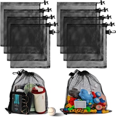 Nettassen 10 stuks - Zwart Nylon Opbergtassen met Trekkoord en Haak voor Speelgoed, Reizen, Zwemmen en Outdooractiviteiten