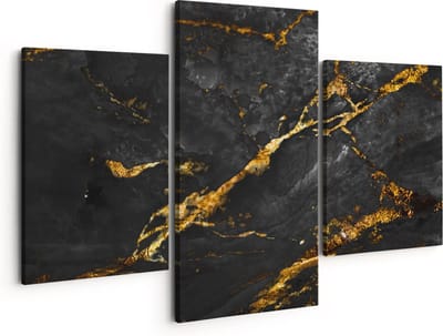 Artaza Canvas Schilderij Drieluik Abstracte Kunst - Natuurlijke Marmer met Gouden Tinten - 150x120 - Groot - Foto Op Canvas - Canvas Print