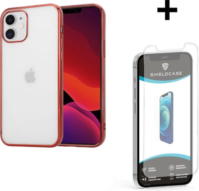 ShieldCase Metallic bumper case geschikt voor Apple iPhone 12 / 12 Pro - 6.1 inch - rood + glazen Screen Protector - Shockcase Shockproof hoesje metalen uitstraling - Hardcase hoesje - Hard Case stootrand beschermhoesje incl. glas screenprotector
