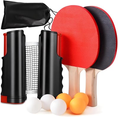 Tafeltennis Set - Batjes en Ballen - Spel en Training - Intrekbaar Net - 2 Batjes 6 Ballen - Zwart