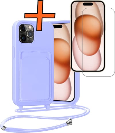 Hoesje Geschikt voor iPhone 14 Pro Max Hoesje Met Telefoonketting Pasjeshouder Case Met Screenprotector Koord - Hoesje Geschikt voor iPhone 14 Pro Max Hoes Met Kaarthouder - Lila