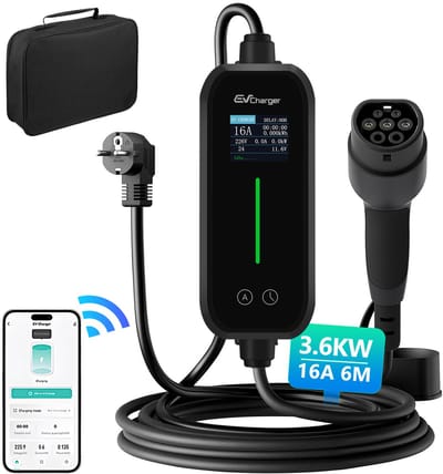 Hexinex Mobiele Thuislader - type 2 vanaf stopcontact - 6 meter - 3,6 kW - IP67 Waterdicht - 6A/8A/10A/13A/16A - 1 Fase - TPU kabel - Uitgesteld laden functie / Timer functie / Memory functie | Mobiele lader type 2 naar schuko