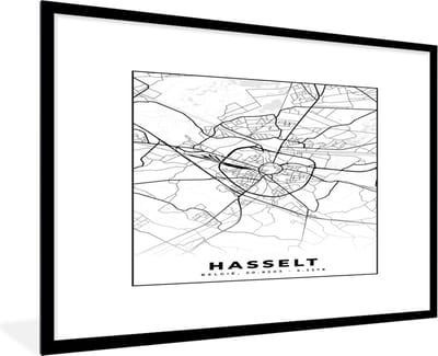 Fotolijst incl. Poster Zwart Wit- Stadskaart – Plattegrond – België – Zwart Wit – Hasselt – Kaart - 120x80 cm - Posterlijst