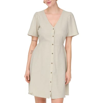 Only beige dames jurk   V-hals   Regular fit   Structuur patroon   Knoopsluiting   Duurzaam   Korte mouw Beige XS