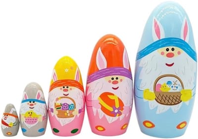 Set van 5 Russische eivormige poppen, konijnen en elfjes, houten stapelbare decoratie voor Pasen, verjaardagen en lentedecoratie, perfect voor kinderen en creatief spel.