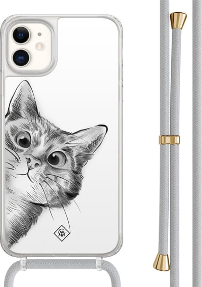Casimoda® hoesje met grijs koord - Geschikt voor iPhone 11 - Peekaboo Kat - Afneembaar koord - TPU/acryl - Wit