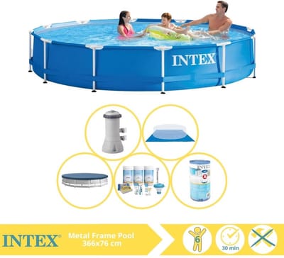 Intex Rond Frame Zwembad - 366 x 76 cm - Blauw - Inclusief Pomp - Afdekzeil - Onderhoudspakket - Filter - Grondzeil - 6-delig
