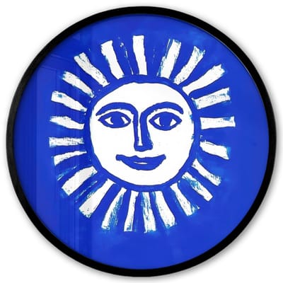 Poster in lijst Rond - Fotolijst 40x40 cm - Posters - Zon - Gezicht - Penseelstructuur - Blauw - Ronde posterlijst zwart - Decoratie - Wanddecoratie woonkamer - Muurdecoratie slaapkamer