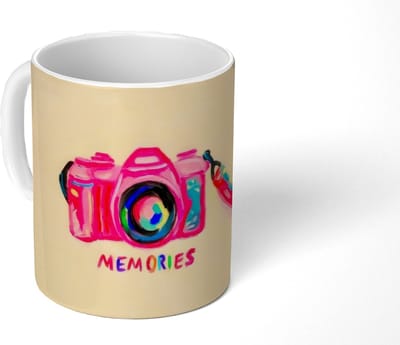 Mok - Koffiemok - Camera - Memories - Roze - Geschilderd - Mokken - 350 ML - Beker - Koffiemokken - Theemok