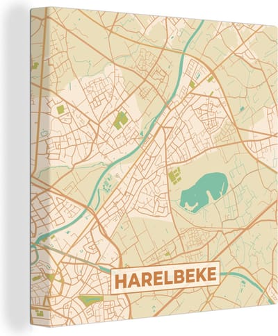 Canvas Schilderij Harelbeke - Kaart - Vintage - Stadskaart - Plattegrond - 20x20 cm - Wanddecoratie