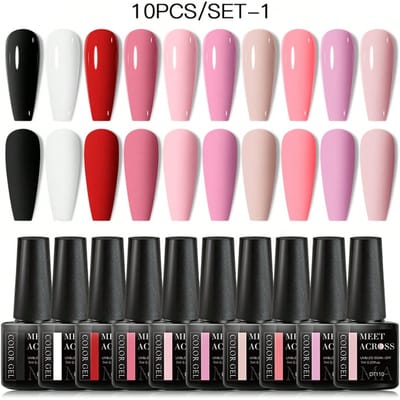 Set van 10 stuks (7 ml) gelnagellak in nude, roze, paars, rood en met glitter. Semi-permanente UV-LED nagellak voor nail art designs. Soak Off nagelgel set.
