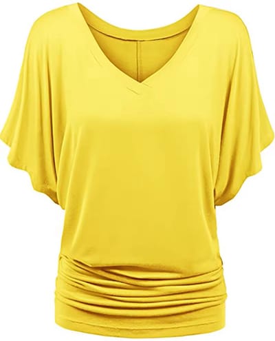 ASTRADAVI Damesmode - Top - Elegant V-hals shirt met vleermuismouwen - Batwing Blouse met met elastische zijkanten - Geel / Small