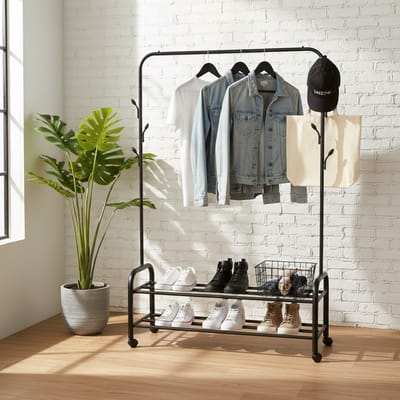 MAZAZU Industrieel Kledingrek Zwart - 165cm Hoog - Minimalistisch Garderoberek met Schoenenrooster & Haken - A-Frame Design - Staand
