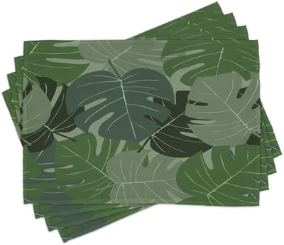 ABAKUHAUS Bosgroene placemats, camouflagepatroon van palmbladeren – Tropisch natuur in het loofthema, tafeldecoratie van kleurvaste stoffen voor eetkamer en keuken, lichtgroen tot saliegroen
