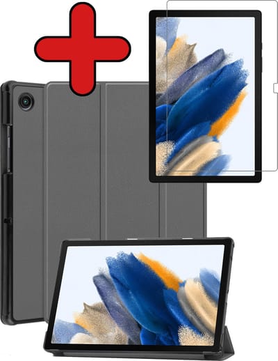 Hoesje - Geschikt voor Samsung Galaxy Tab A8 - Met Screenprotector - Hardcover Book Case - Trifold Bookcase Hoes - Hard Cover - Tablethoes - Grijs
