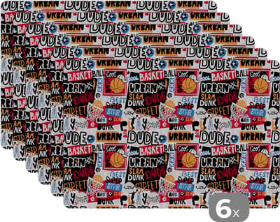 Placemat - Placemats kunststof - Basketbal - Quotes - Patroon - Alfabet - 45x30 cm - 6 stuks - Hittebestendig - Anti-Slip - Onderlegger - Afneembaar